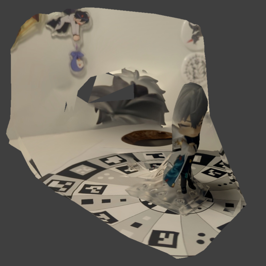 So, I changed the location to my desk (that's when I did the experiment that I explained in the presentation) and used a chunkier collectible (Nendoroid) I had, hoping it would capture better since it has a more matte texture. But unfortunately, like with my other collectible, it scanned the side torso and face, but the rest of the parts got messed up when the file was processed and once again become 2D/flat.